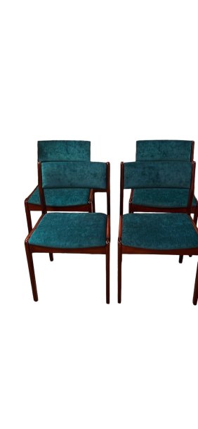 Mid Century curated rosewood dining chairs 1960s Set of 4  Store with new velvet, upholstery, sturdy