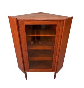 Mid Century corner teak and glass cabinet, a stunning and functional addition to any home. Crafted w