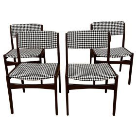 Mid Century curated rosewood dining chairs with new houndstooth upholstery