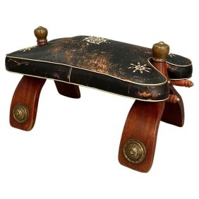 Art deco ottoman / footstool with original real leather camel style