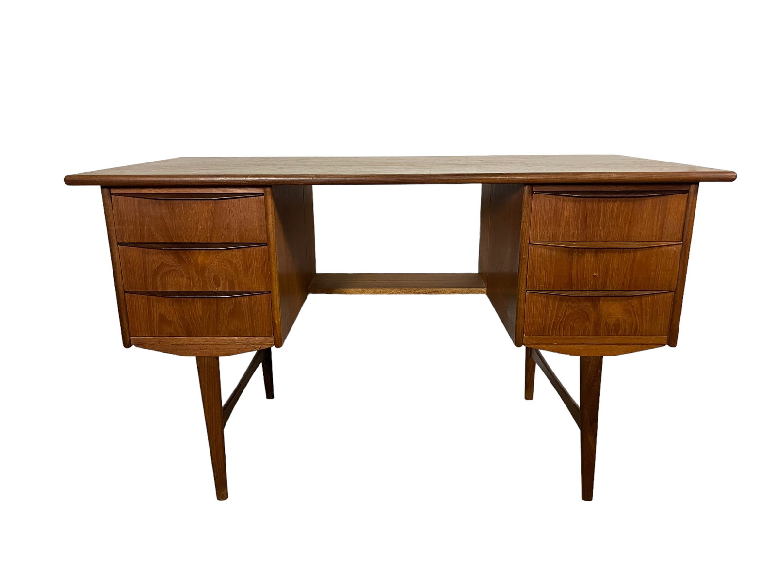 Mid-Century Modern Teak Desk 1960's with 6 drawers: Dimensions: W 8 x D25 x H29 inches Mid-Century Modern Teak Desk 1960's with 6 drawers good condition considering age & useLot: 008