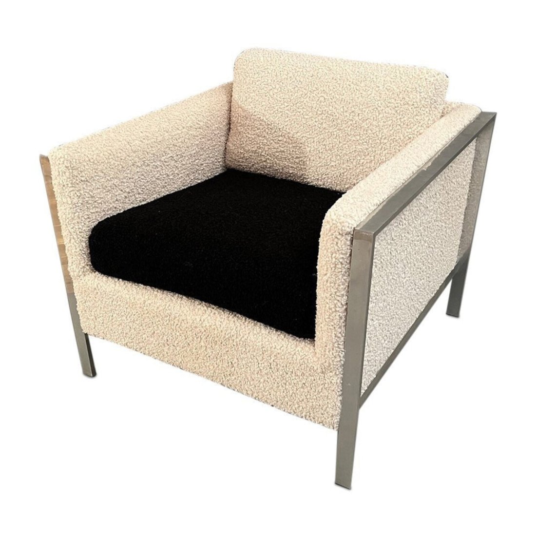 Mid Century Large Heavy Chrome Lounge Chair w/ new Cream & Black boucle 1960's: Curated Mid Century large heavy chrome lounge chair with new Cream & Black boucle 1960’s CircaDimensions:W33” x D32 x H30 inchesArms height: 25 inchesSeat height: 19 inchesCondition:very good 