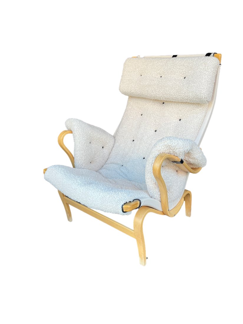 BRUNO MATHSSON. Armchair, model Pernilla, designed by Bruno Mathsson for Dux: H 36 in. x W 25 in. x D 35 in. x Seat Height 16 in. BRUNO MATHSSON. Armchair, model Pernilla, designed by Bruno Mathsson for DuxCondition:very good for age and useretail: $2500