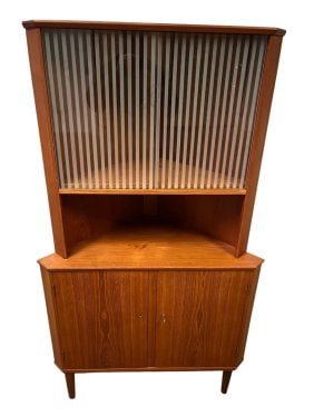 Mid-Century Danish Teak corner cabinet with etched glass doors and storage (1 of 2)