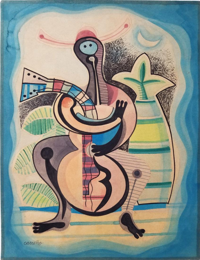 Mario Carreno Mixed media on paper.: (Att.) Mario CarreÃ±o mexed media on paper. 11 3/4 x 9 in. Framed.