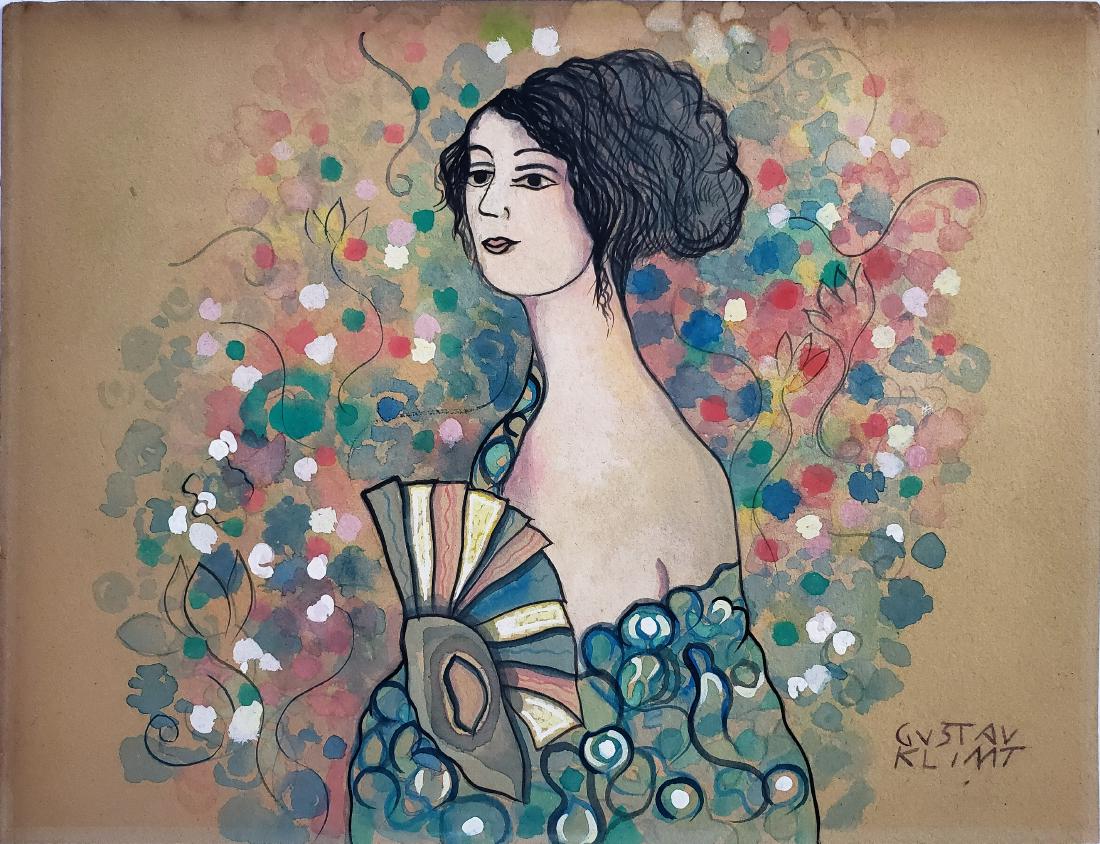 Gouache on paper signed Gustav Klimt: Gouache on paper, 8 1/2 x 11 1/8 in, Framed.