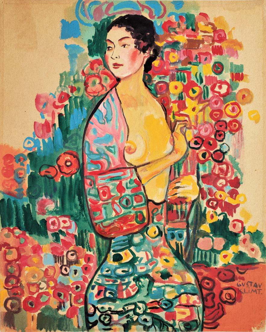 Gouache on paper signed Gustav Klimt: Gouache on paper, 12 3/8 x 10 in, Framed.
