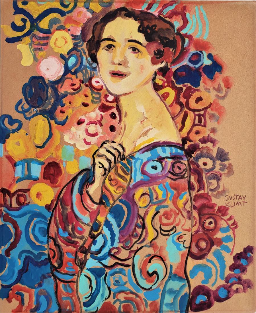 watercolor on paper signed Gustav Klimt: Watercolor on paper, 13 x 10 1/2 in, Framed.