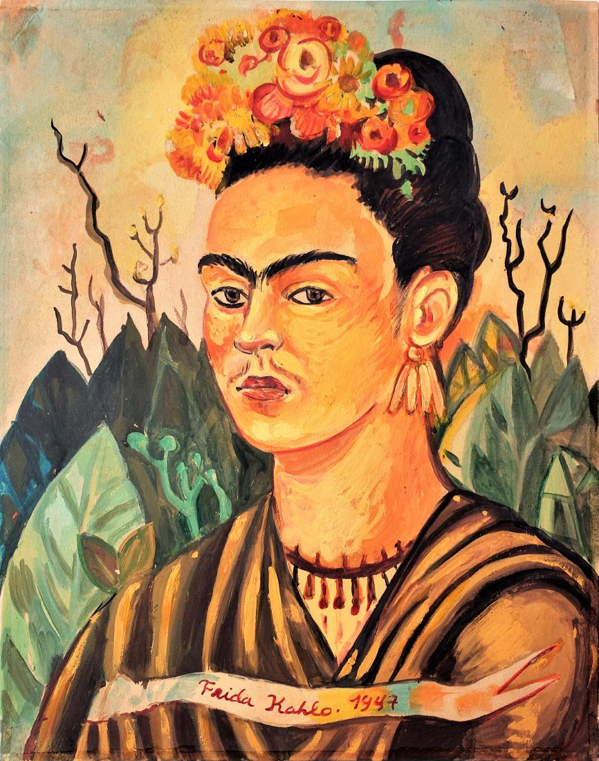 Frida Kahlo gouache on paper: Frida Kahlo gouache on paper, 13 x 10 1/8 in. Frame