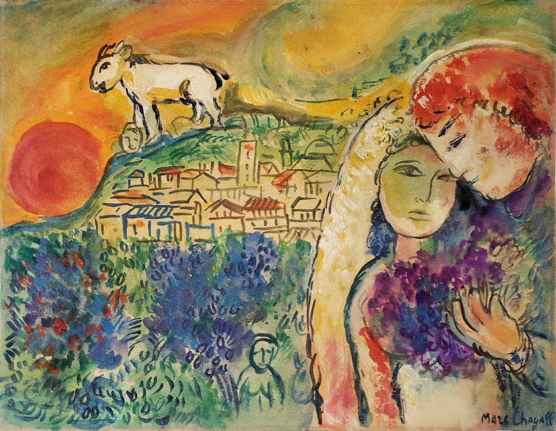 Gouache on paper signed Marc Chagall: Gouache on paper, 10 1/2 x 13 1/2 in, framed.
