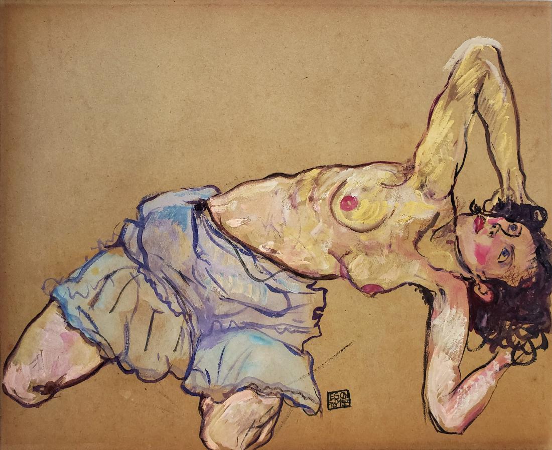Schiele gouache on paper.: (Att) Egon Schiele gouache on paper, 10 1/2 x 12 7/8 in. Framed.