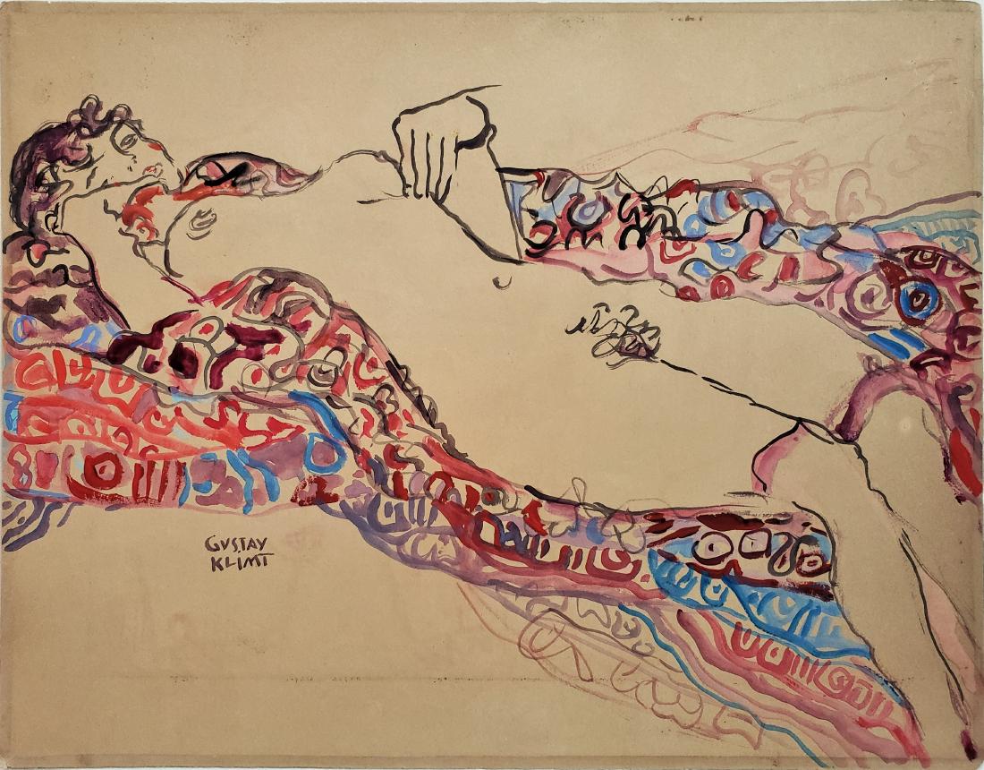 Gouache on paper signed Gustav Klimt.: Gouache on paper. 11 x 14 1/8 in. Framed.