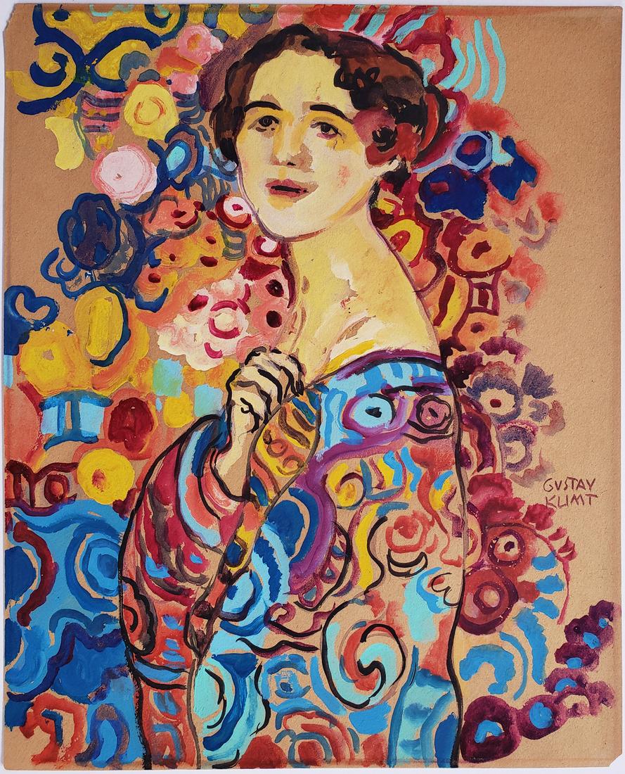 Watercolor on paper signed Gustav Klimt: Watercolor on paper, 13 x 10 1/2 in, Framed.
