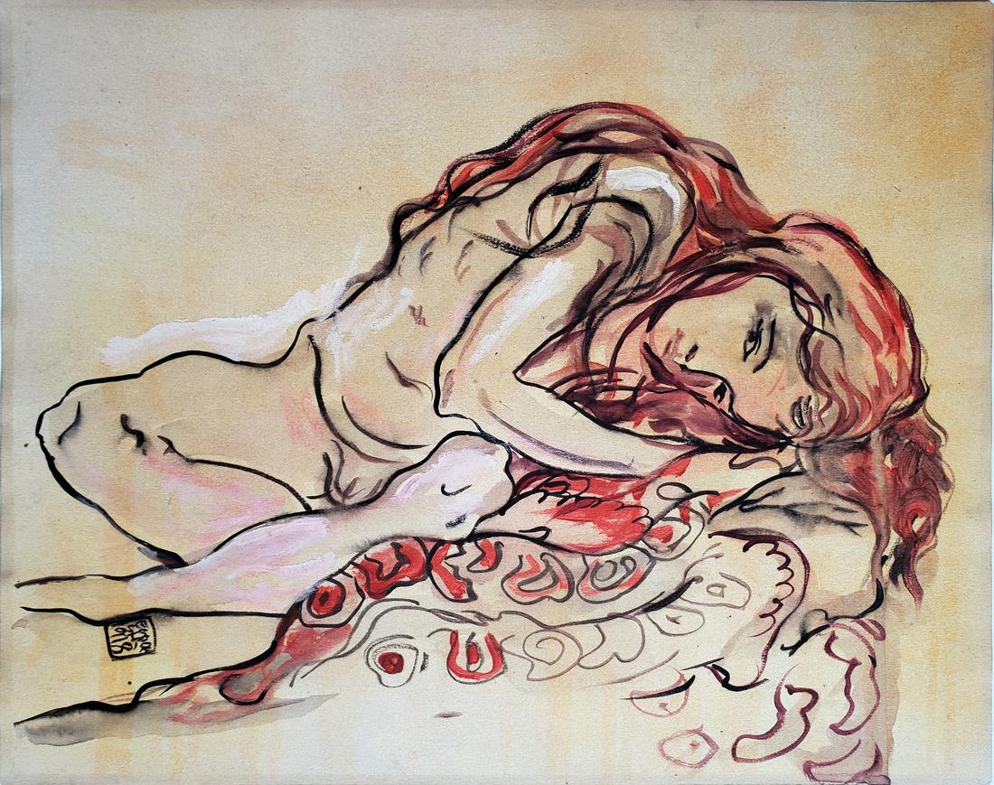 Schiele gouache on paper.: (Att) Egon Schiele gouache on paper, 10 3/4 x 13 3/4 in. Framed.