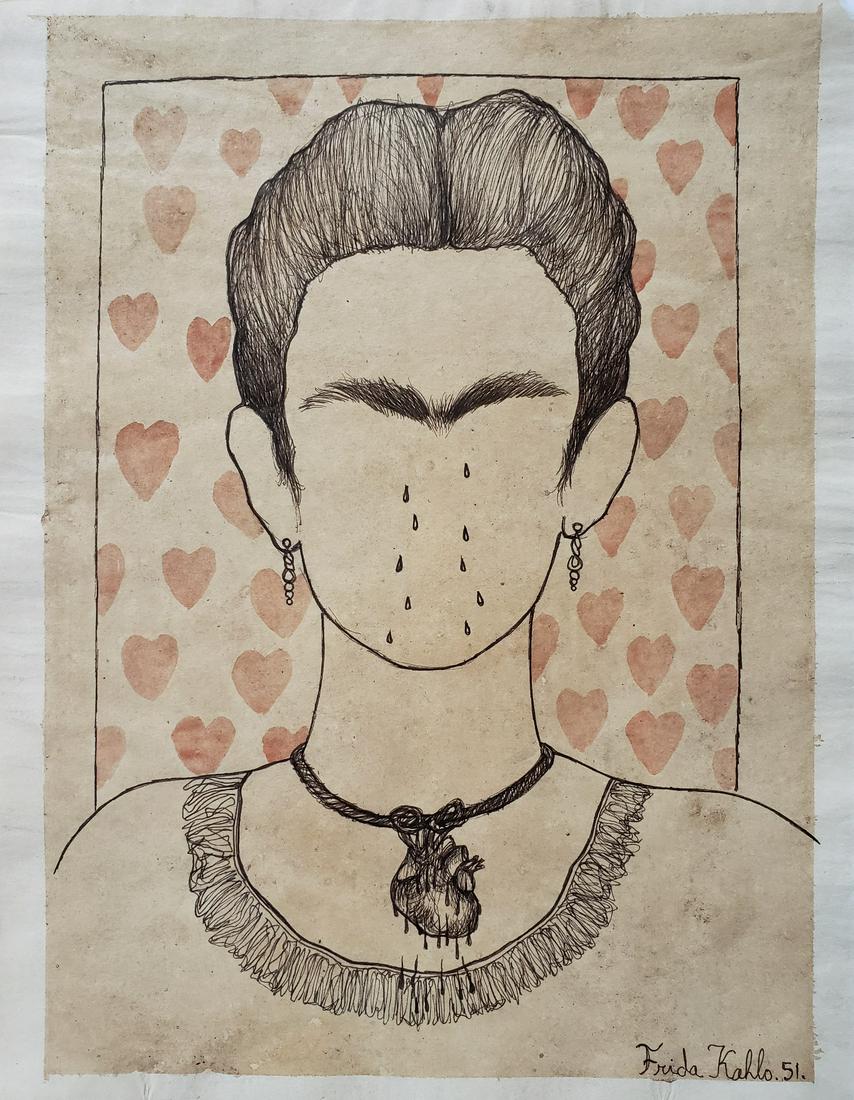 Frida Kahlo mixed media on paper: Att. Frida Kahlo mixed media on paper, 11 x 8 1/2 in. Frame