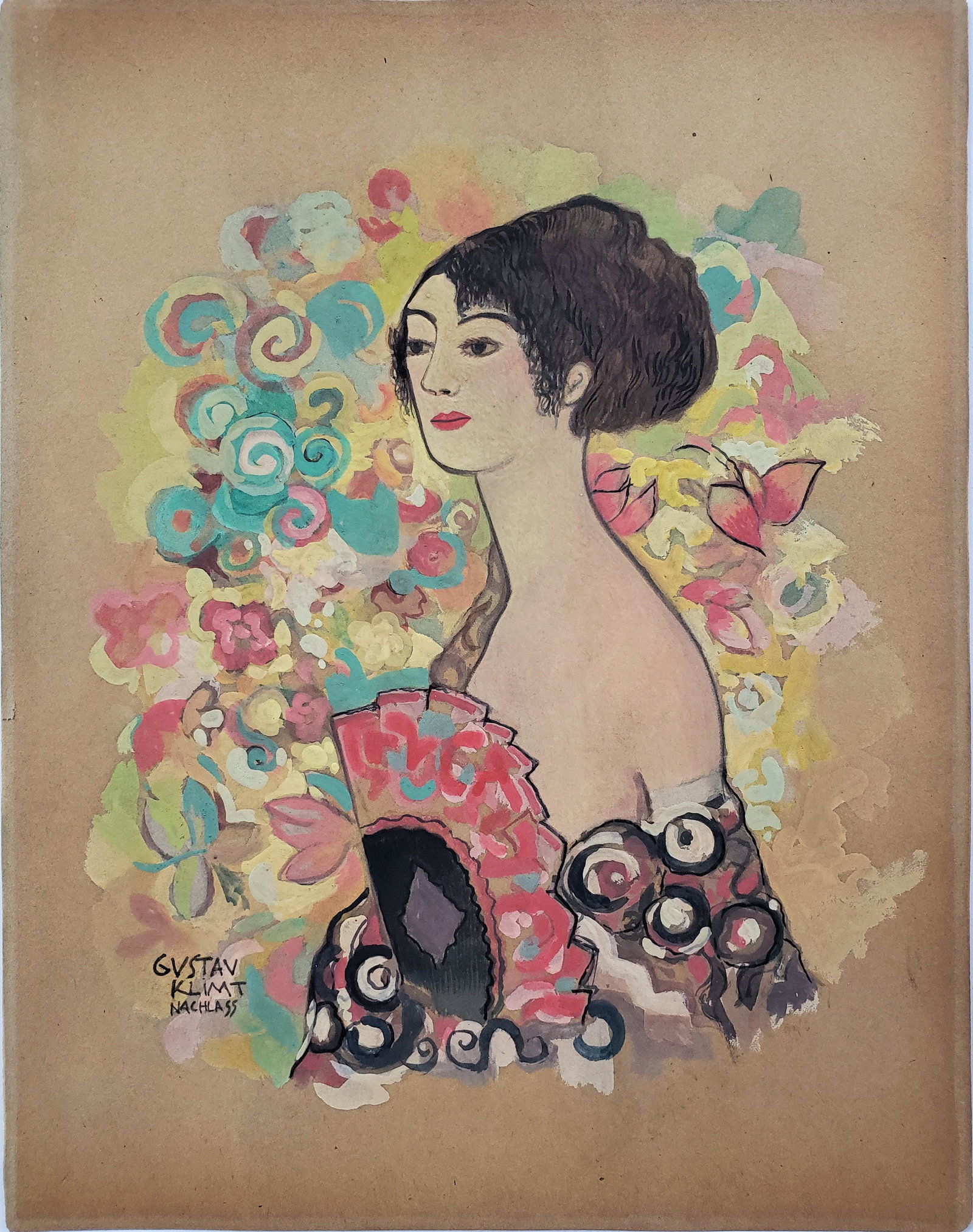 Gouache on paper signed Gustav Klimt: Gouache on paper, 14 x 10 7/8 in, Framed.