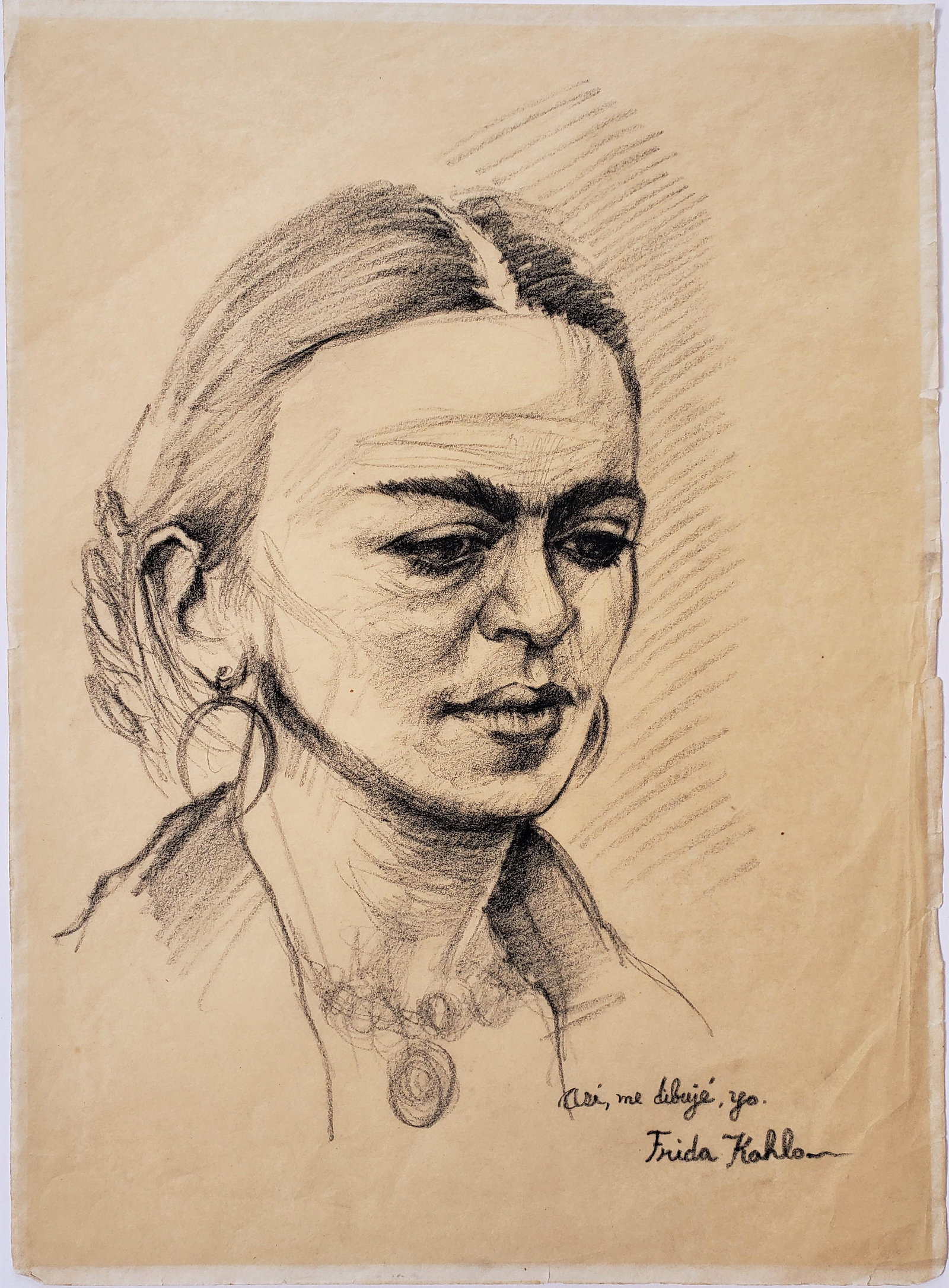 Frida Kahlo charcoal on paper: Att. Frida Kahlo charcoal on paper, 13 1/8 x 9 1/2 in. Frame