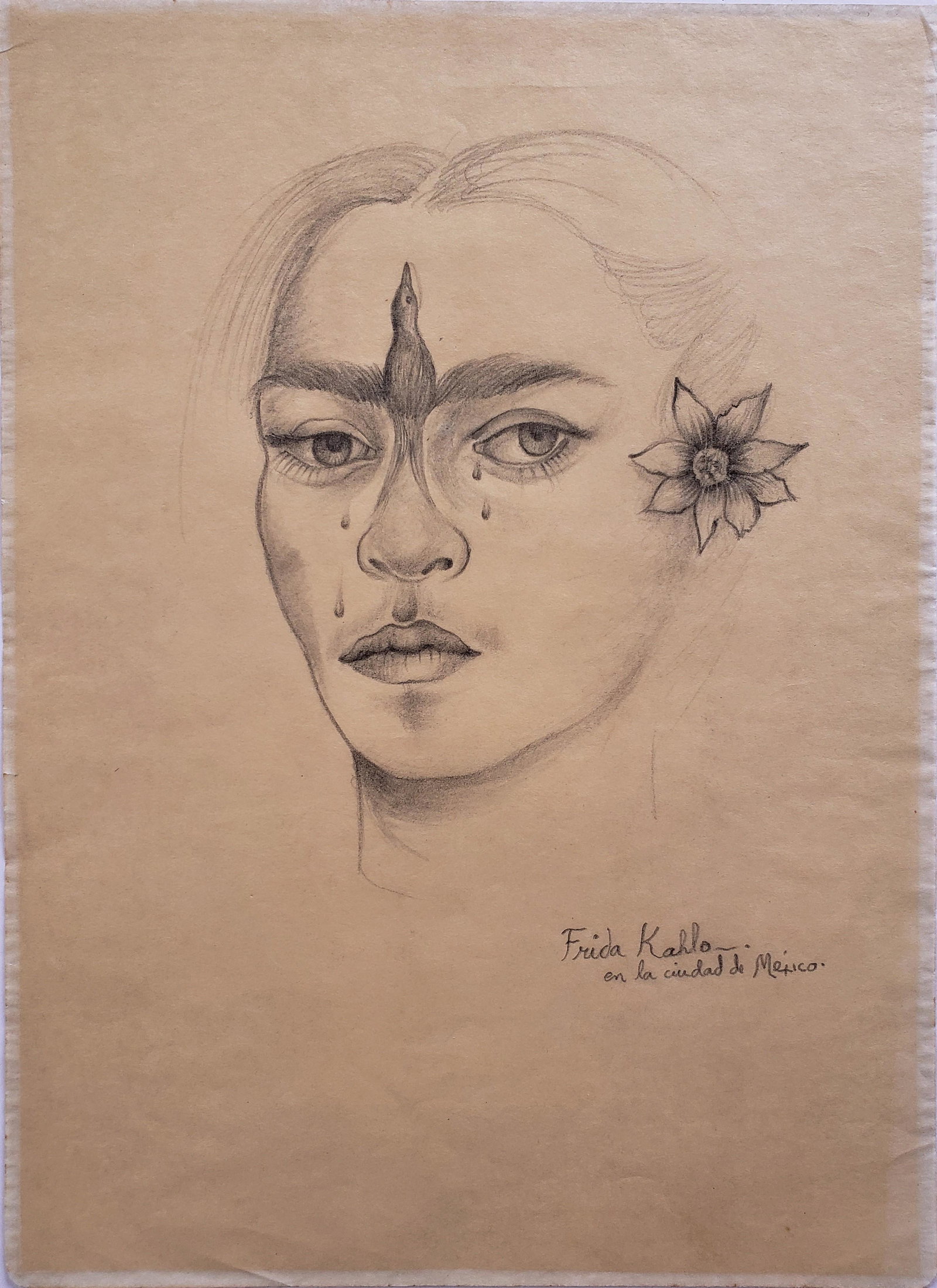 Frida Kahlo charcoal on paper: Att. Frida Kahlo charcoal on paper, 13 x 9 1/2 in. Frame