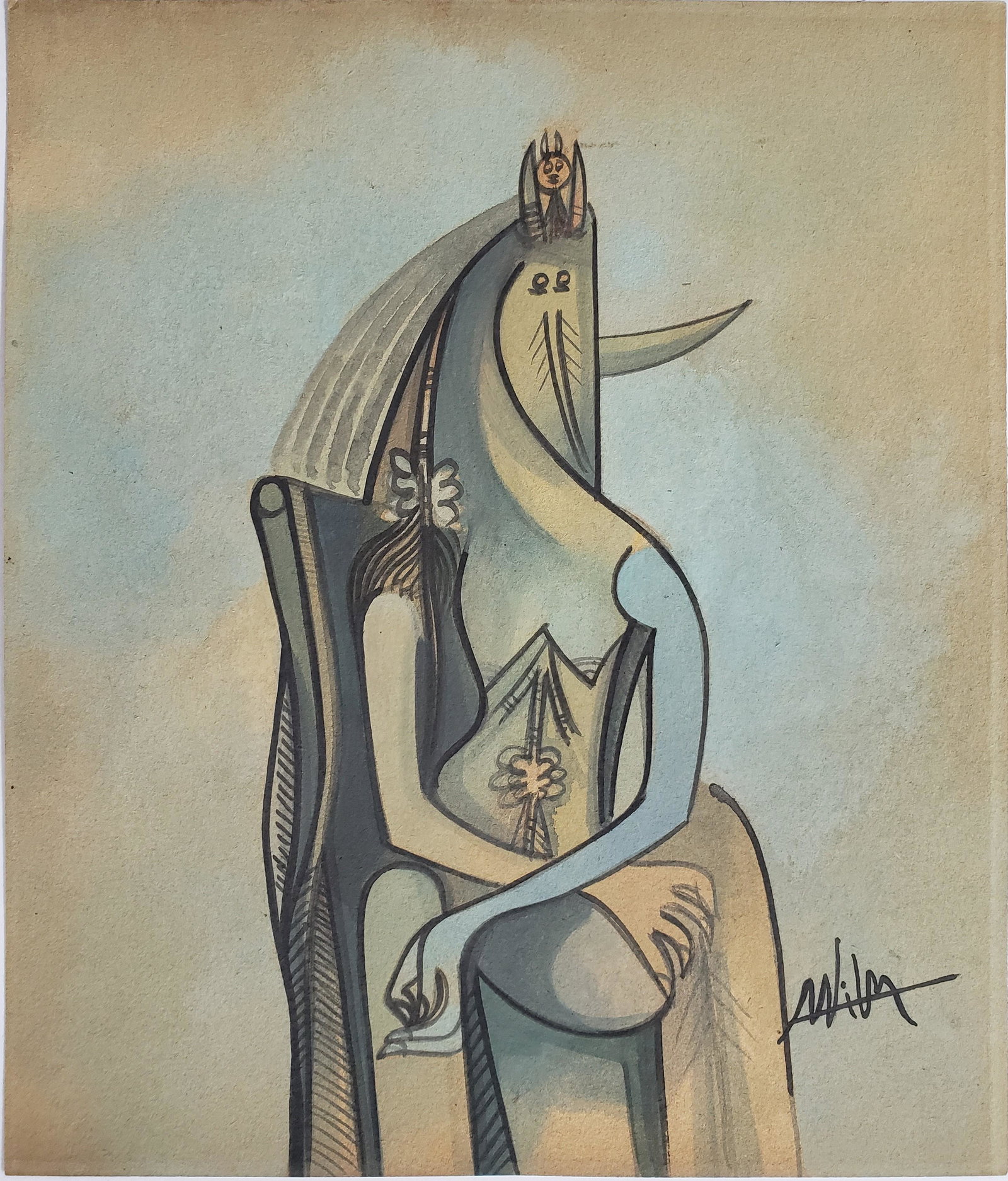 Wifredo LAM watercolor on paper: Wifredo LAM watercolor on paper, 12 3/8 x 10 1/2 in. Framed.