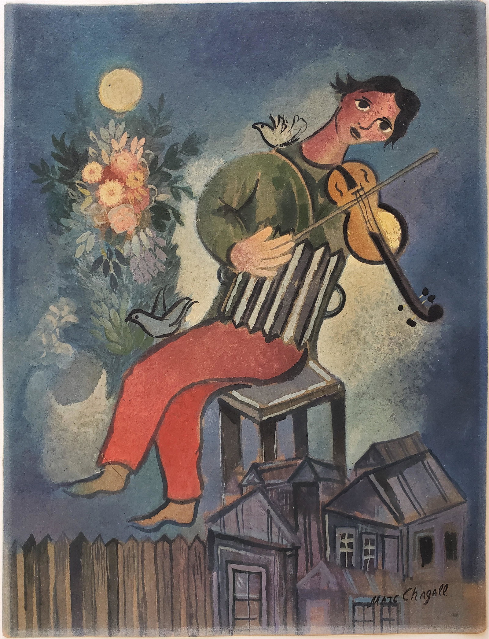 Gouache on paper signed Marc Chagall: (ATT.)Gouache on paper signed Marc Chagall, 12 1/4 x 9 1/4 in. The piece is not framed. Authentication has not been established, nor is it implied.The work can be attributed to the artist depending on