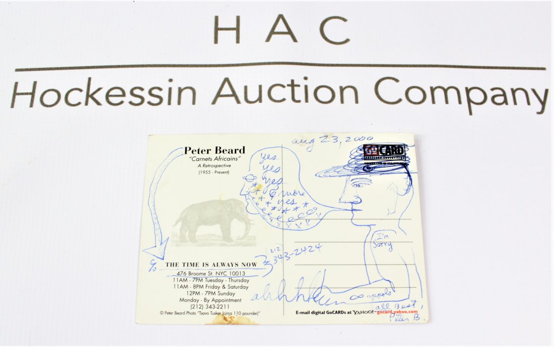 Peter Beard (American, b. 1938): Medium: Ink Drawing on postcard. Signature lower right corner. Dimensions: 4.25 x 6 inches. Lot note and provenance: Collection of Patrick Eddington. Mr. Eddington was a much-honored Salt Lake City, U