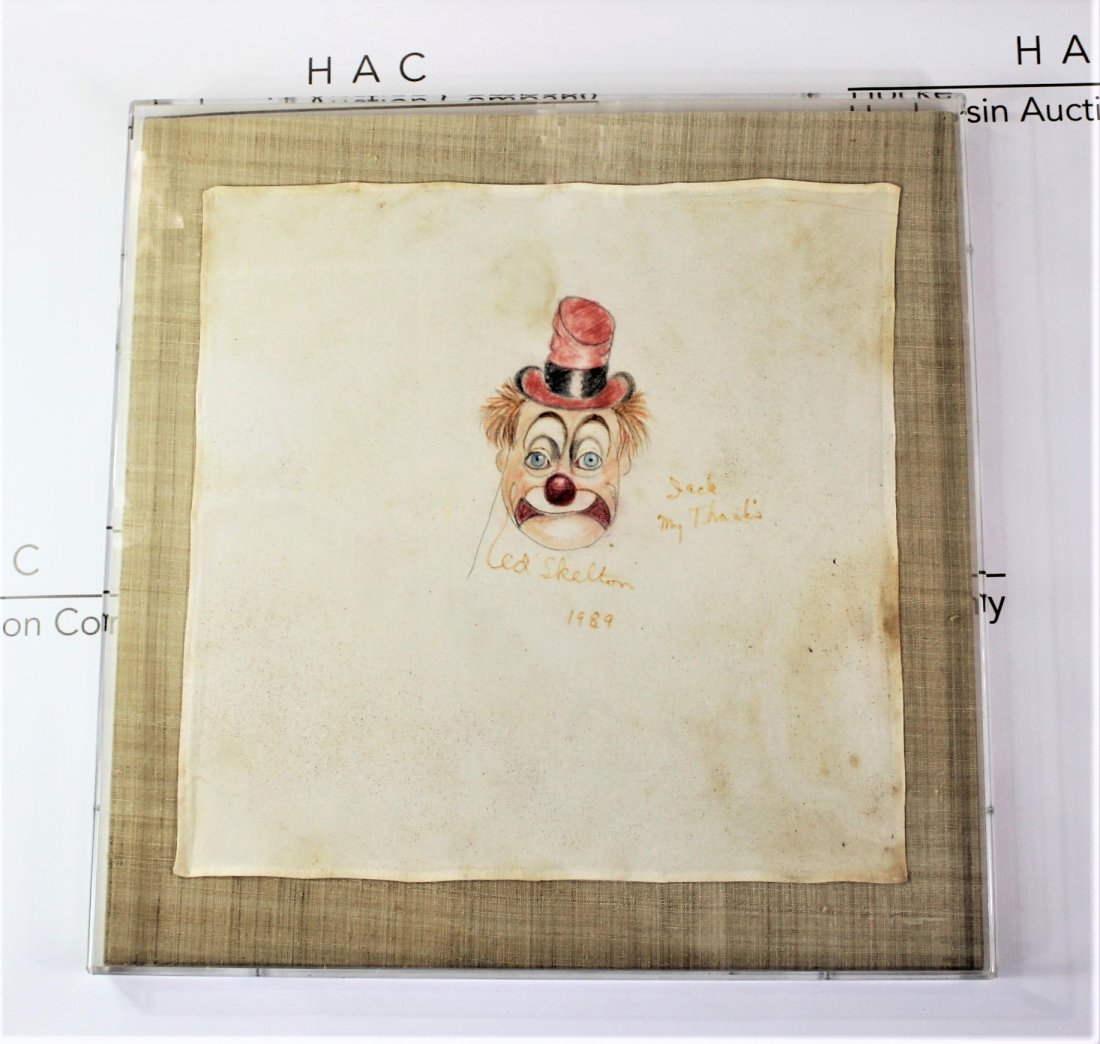 Red Skelton (American, 1913-1997): Medium: Drawing on napkin rag. Title: Clown. Signature: Top Right. Signed and dated 1989. Dimensions: 23 x 23 inches.