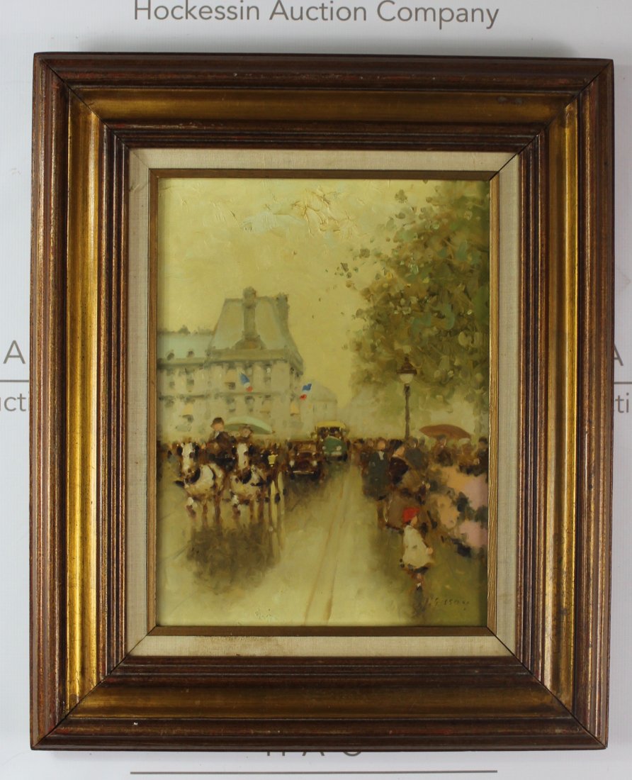 Andre Gisson (American, 1921-2003): Medium: Oil on canvas. Title: Street Scene. Signature: Lower right. Dimensions: 12 x 16 inches