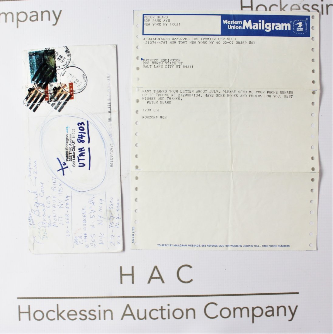 Peter Beard (American, b. 1938): Peter Beard signed envelope with mailgram letter. Dimensions: Envelope 4.5 x 9.5 Mailgram 8.75 x 11 inches. Lot note and provenance: Collection of Patrick Eddington. Mr. Eddington was a much-honored S