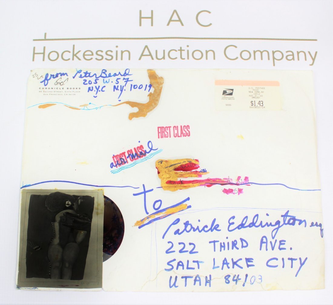 Peter Beard (American, b. 1938): Medium: Photograph collage & Mixed Media on postcard hand written from Peter Beard to Patrick Eddington. Dimensions: 9.5 x 12.5 inches. Lot note and provenance: Collection of Patrick Eddington. Mr. Ed