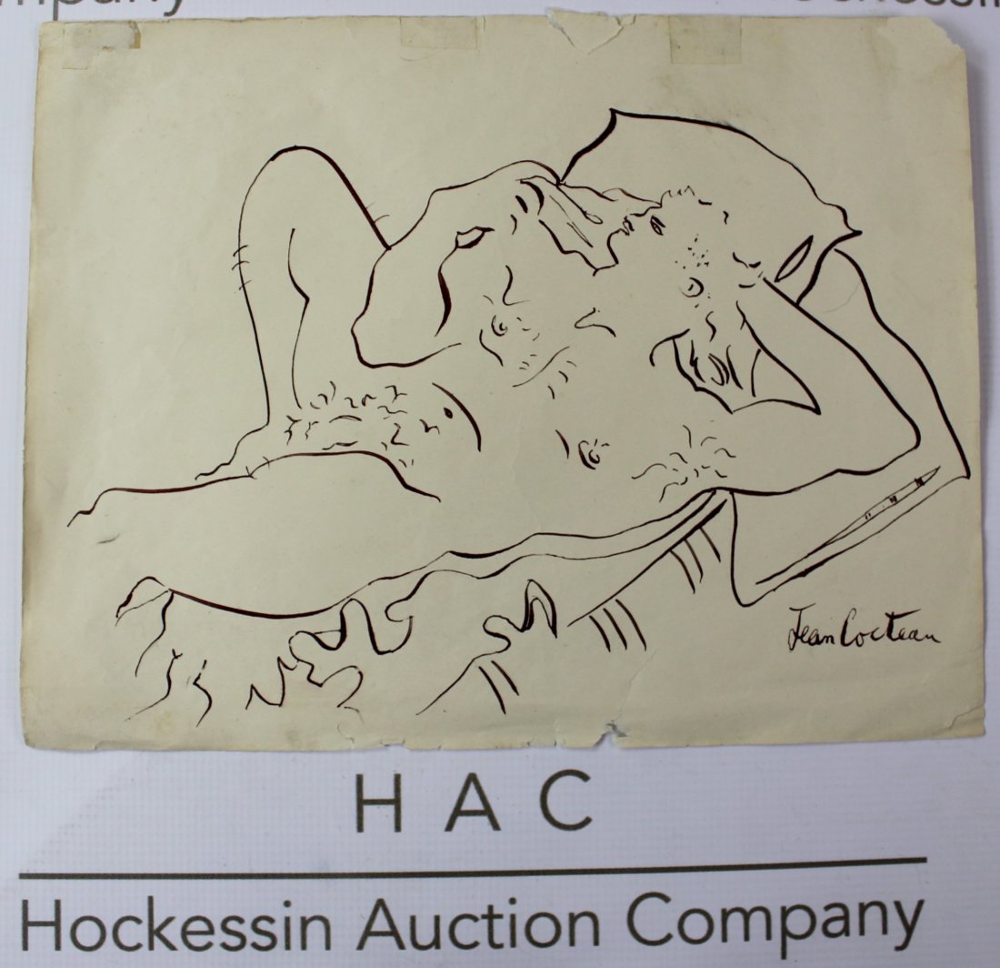Jean Cocteau (French, 1889-1963): Medium: Ink on paper. Title: Reclining figure. Signature: Lower right corner. Dimensions: 9 x 12 inches. Lot note and provenance: 30 year private collection, France.