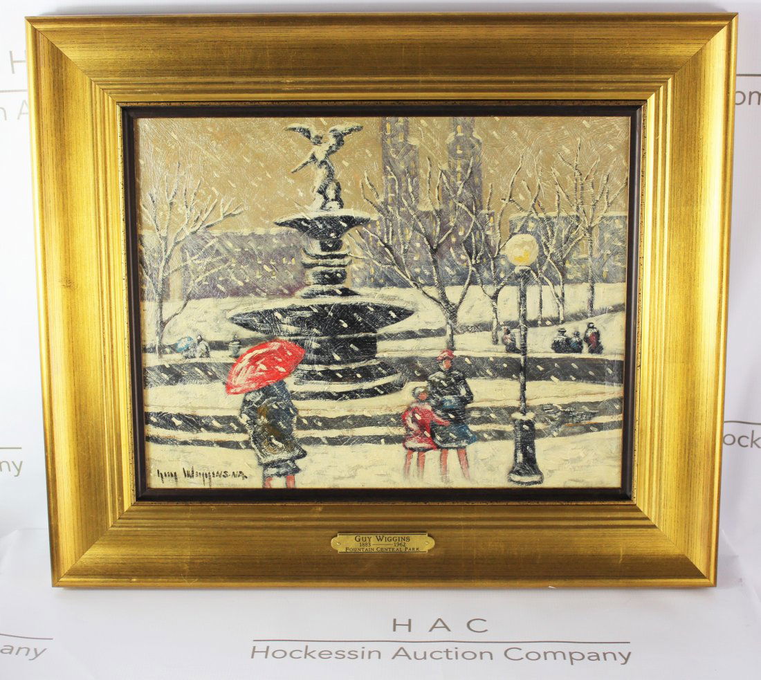 Guy Carleton Wiggins (American, 1883-1962): Medium: oil on artist panel. Title: Fountain Central Park. Signature: bottom left, signed and titled to backside. Dimensions: 13x19 inches with frame.