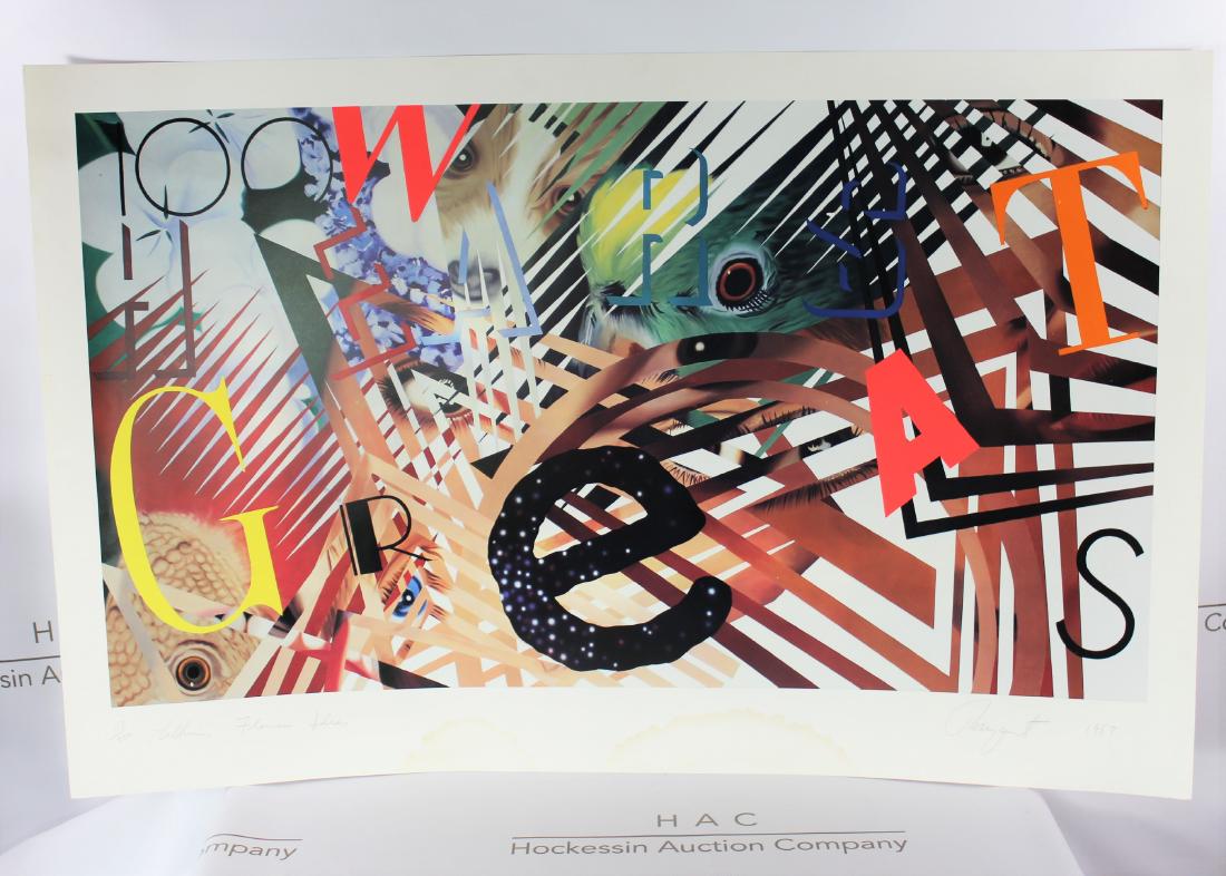James Rosenquist (American, 1933-2017): Medium: Lithograph. Title: Talking Flowers Ideas. Signature: Lower left. Numbered: 118/200. Dimensions: 39 x 25 inches.