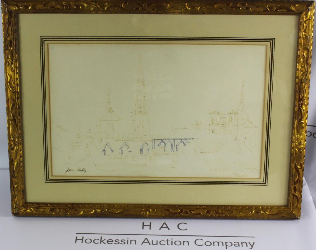 Jean Dufy (French, 1888-1964): Medium: Ink pen. Title: Toledo. Signature: Lower left. Dimensions: Art- 15 x 19.5 inches. Frame- 22 x 16 inches. Lot note and provenance: Private collection. Herman C. Goldsmith with label. Sotheby's