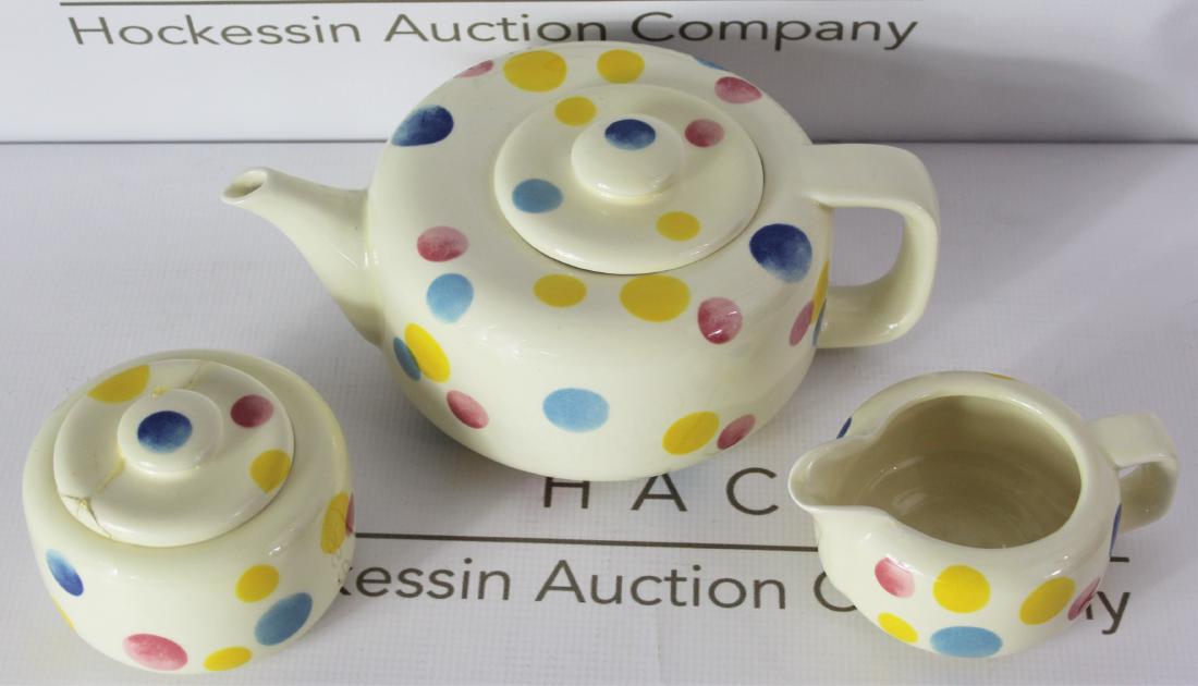 Eva Zeisel (American, 1906-2011): Three piece set: Tea pot, Sugar bowl, and creamer pot. Sugar bowl lid is cracked, please see photos.