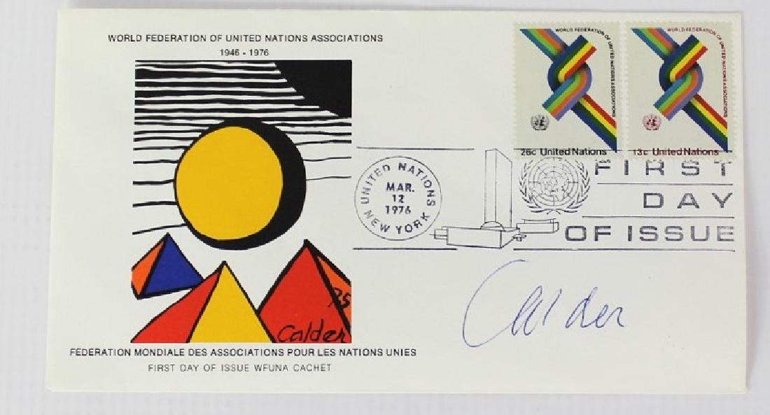 United Nations Wfuna Cachet Signed by Alexander Calder: Cachet designer Alexander Calder autographed Wfuna catchet. Dimensions: 6.5 x 3.75 inches.