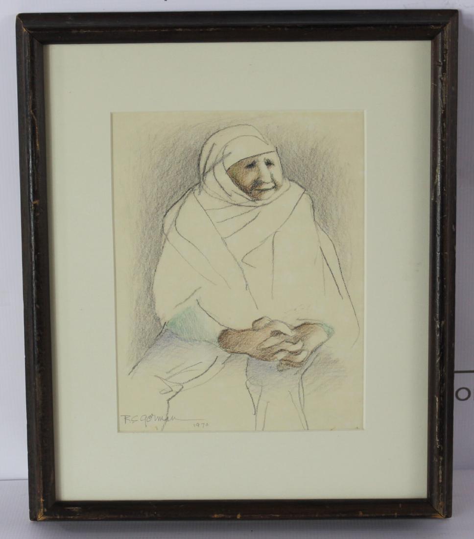 R. C. Gorman (Native American, 1931-2005): Medium: Mixed media on paper. Portrait of woman. Signature: Lower left. Dimensions: 13.5 x 16 inches.