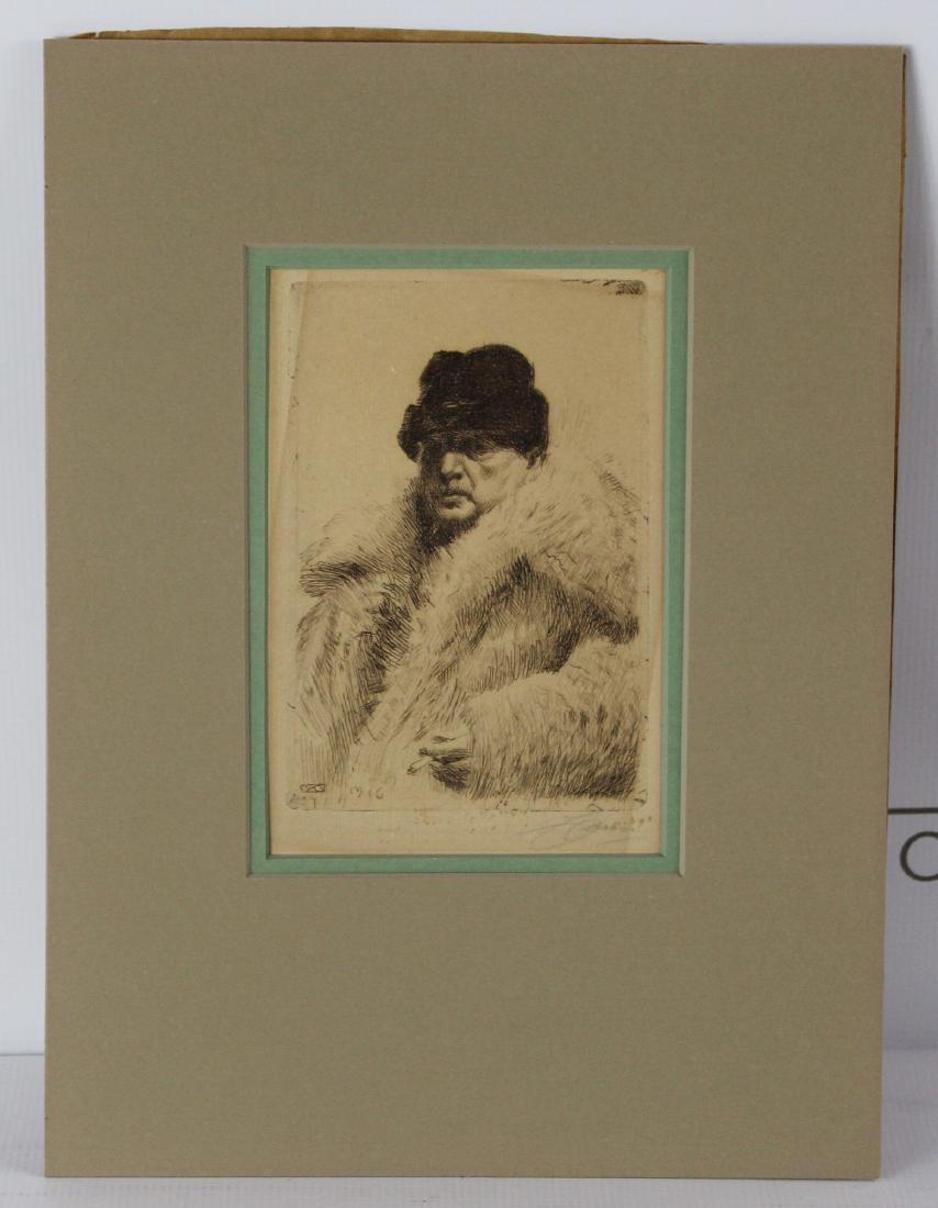 Anders Zorn (Swedish, 1860-1920): Medium: Etching. Title: Zorn In A Fur Coat. Signature: Lower right. Dimensions: 15 x 11 inches.