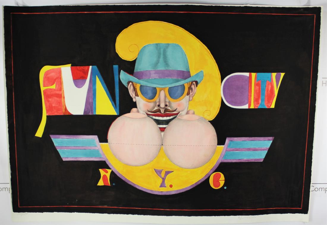 Richard Lindner (American, 1901-1978): Medium: Lithograph. Title: Fun City NYC, c. 1969. Signature: Lower right. Dimensions: 25 x 30 inches.