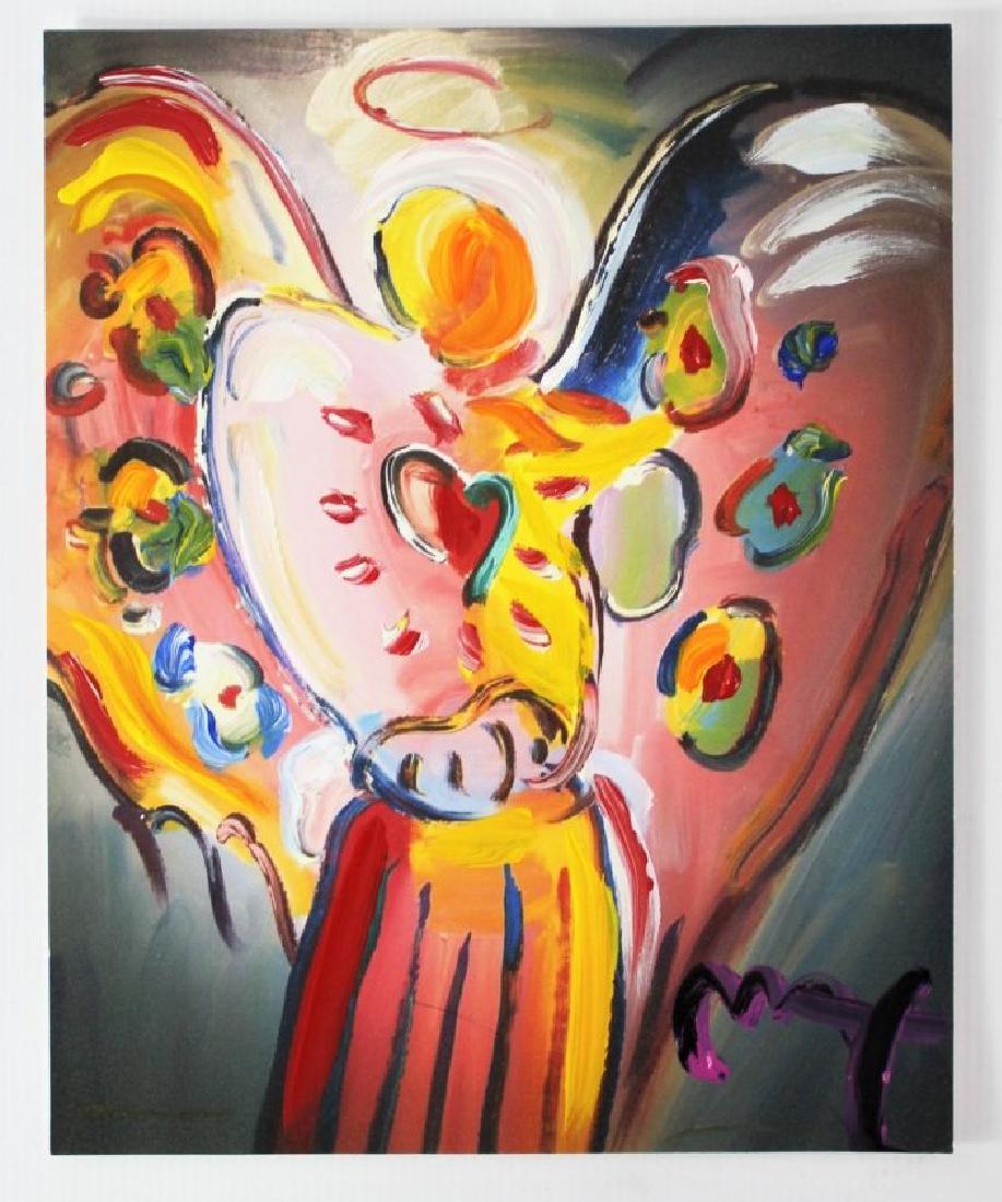 Peter Max (American, b. 1937): Medium: Mixed media on paper. Title: Angel with Heart. Signature: Lower right, with Peter Max Studio stamp to backside. Dimensions: 9.25 x 7.75 inches.