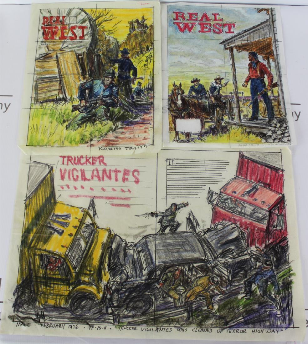 Earl Norem (American, 1923-2015): Medium: Colored pencil drawings. Subject: Large grouping of preliminary drawings and sketches.