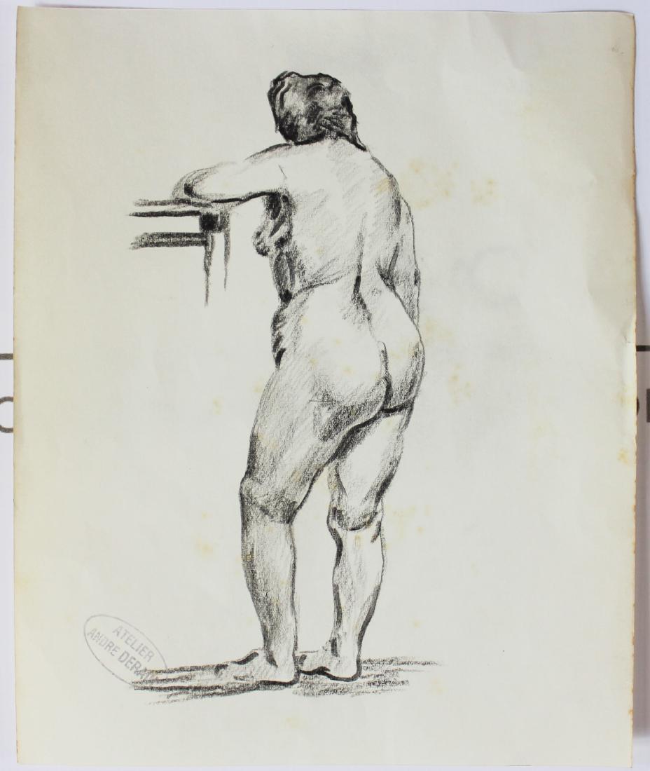 Andre Derain (French, 1880-1954): Medium: Drawing on paper. Nude, backside. Signature: Stamped lower left. Dimensions: 10.25 x 8.5 inches.