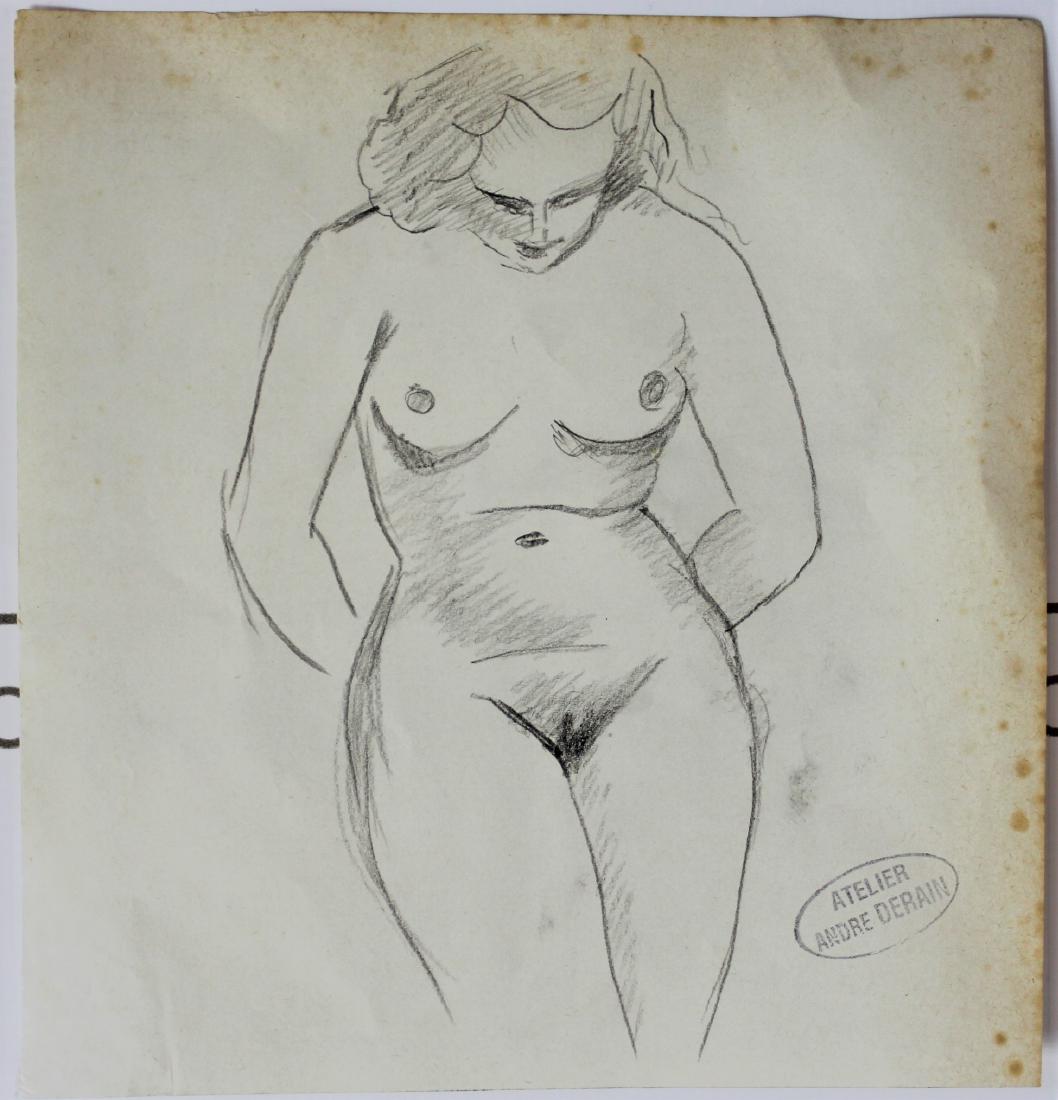 Andre Derain (French, 1880-1954): Medium: Drawing on paper. Nude, frontside. Signature: Stamped lower right. Dimensions: 8.75 x 8.25 inches.