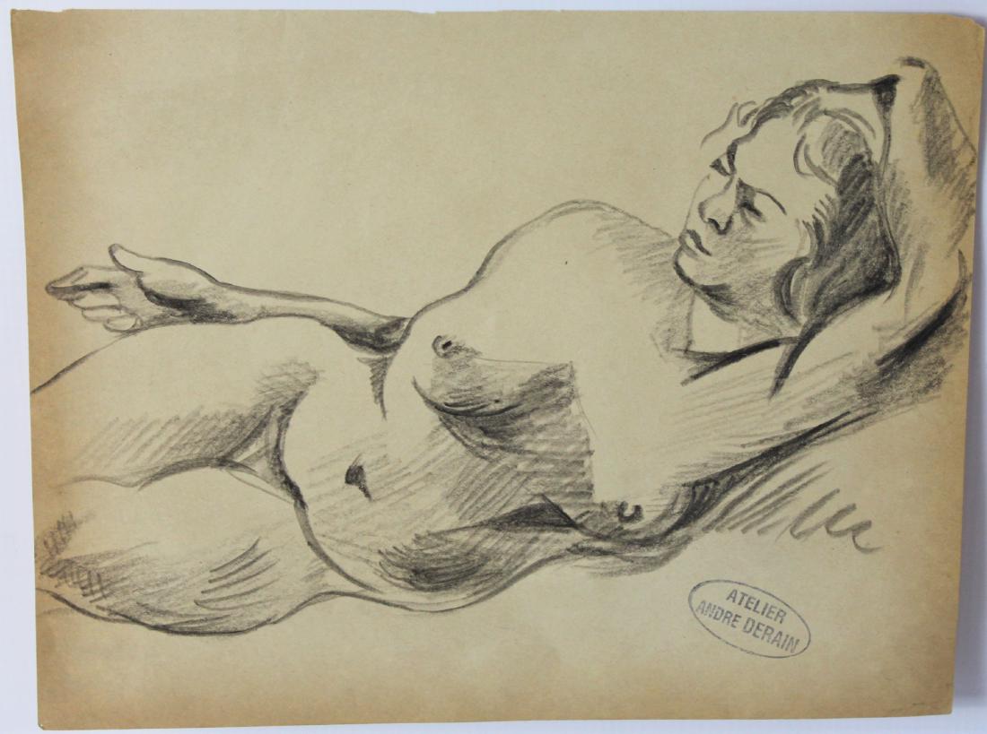 Andre Derain (French, 1880-1954): Medium: Drawing on paper. Nude, laying. Signature: Stamped lower right. Dimensions: 10 x 7.75 inches.