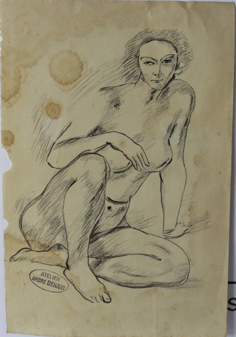 Andre Derain (French, 1880-1954): Medium: Drawing on paper. Nude, sitting. Signature: Stamped lower left. Dimensions: 11.5 x 7.75 inches.