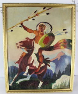 Lon Megargee (American, 1883-1960): Medium: Oil on board. Indian on horse. Signature: Lower right. Dimensions: 18 x 14 inches.