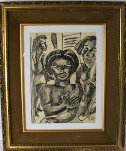 Emiliano Di Cavalcanti (Brazilian, 1897-1976): Medium: Original drawing on paper. Subject: Three women. Signature: Lower right. Dimensions: 24 x 19 inches (framed). COA on backside.