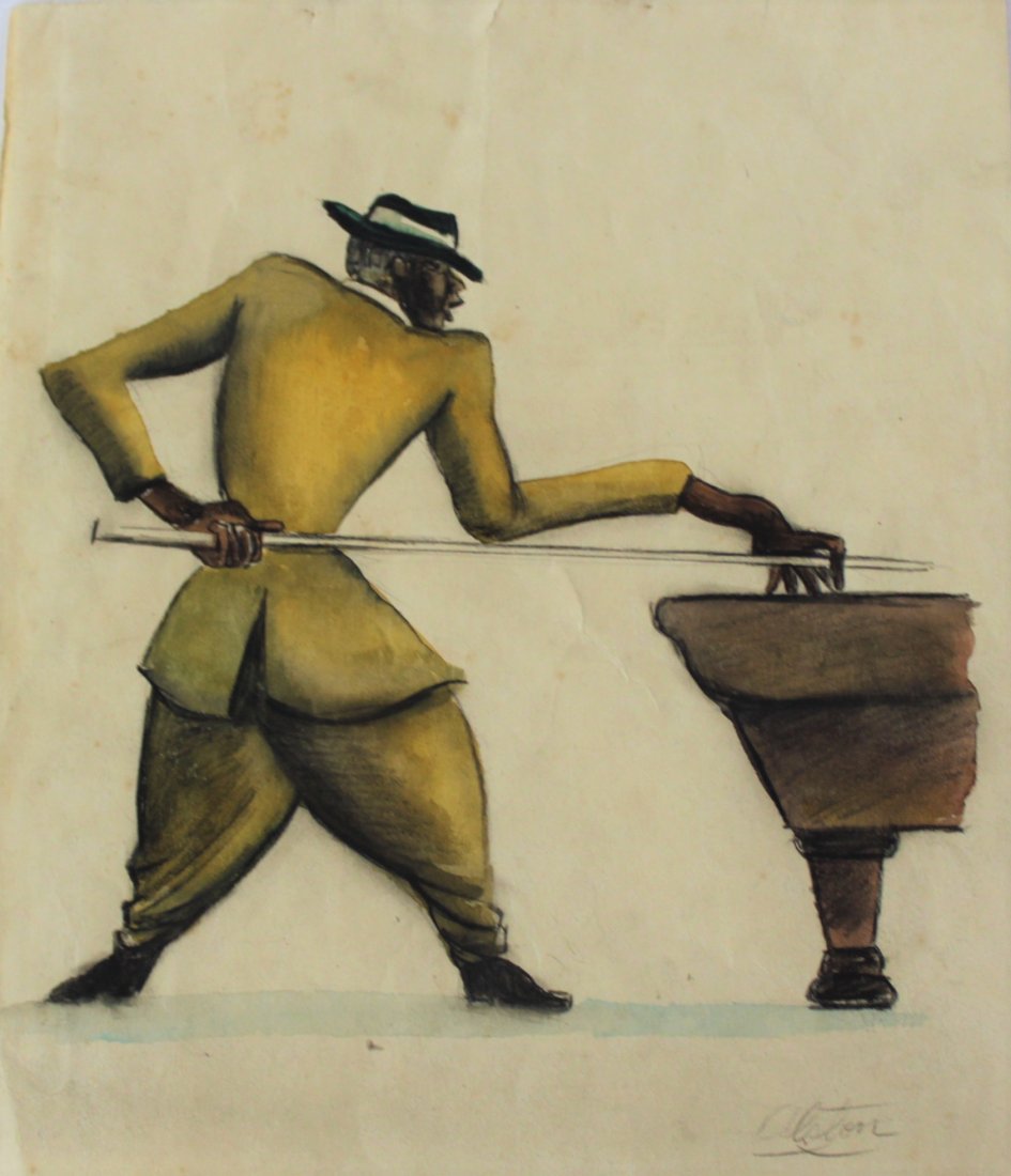 Charles Henry Alston (American, 1907-1977): Medium: Colored pencil on paper. Subject: Figure with pool stick behind the back. Signature: Lower right. Dimensions: 9.75 x 8.75 inches.