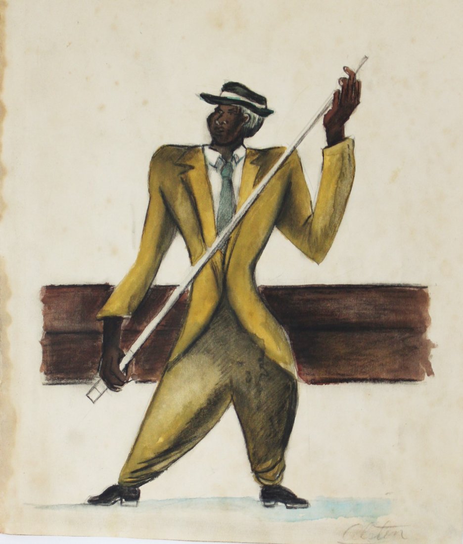 Charles Henry Alston (American, 1907-1977): Medium: Colored pencil on paper. Subject: Figure holding pool stick in front. Signature: Lower right. Dimensions: 9.75 x 8.75 inches.