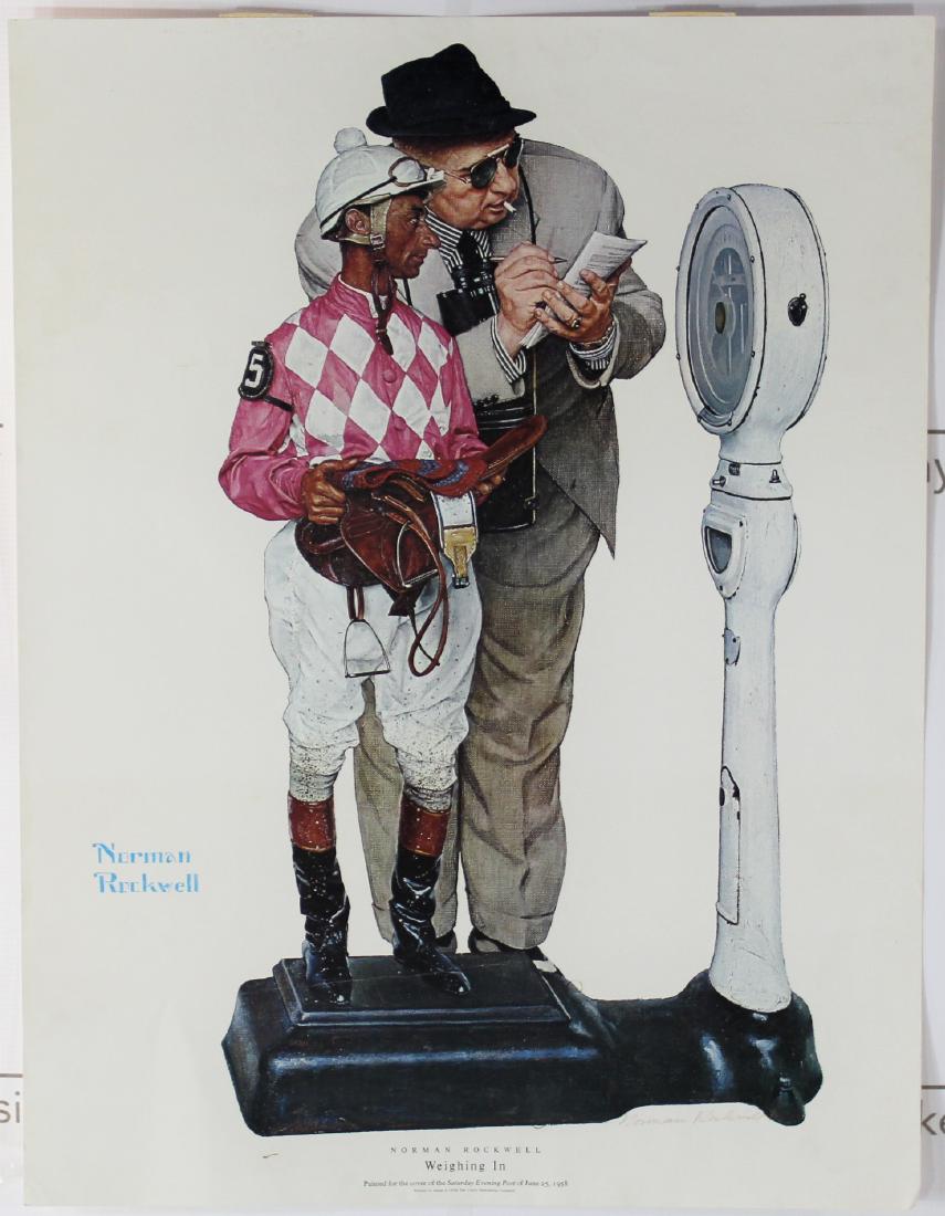 Norman Rockwell (American, 1894-1978): Medium: Lithograph. Title: Weighing In. Signature: Lower right. Dimensions: 25 x 19 inches.