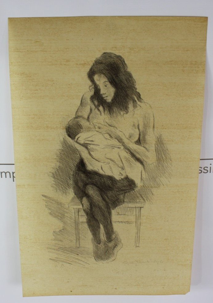 Raphael Soyer (American, 1899-1987): Medium: Pencil sketch. Subject: Young woman breast feeding. Signature: Lower right. Dimensions: 13 x 21 inches.